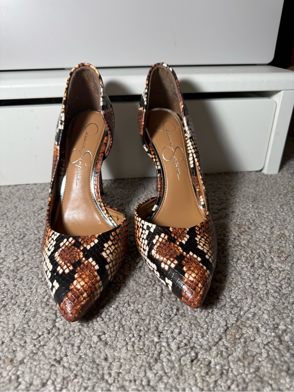 Jessica Simpson Tan & Black Snake-Print Pointed Toe Pumps
